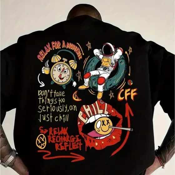 Camiseta Básica Astronauta Relax (COSTAS) E Chill (ESCUDO) Algodão Costura Reforçada Unissex StreetWear