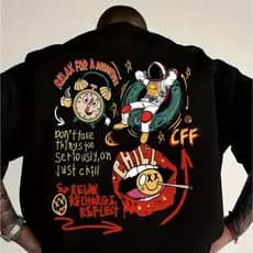 Camiseta Básica Astronauta Relax (COSTAS) E Chill (ESCUDO) Algodão Costura Reforçada Unissex StreetWear