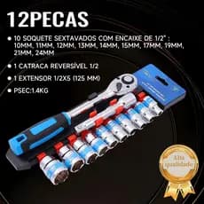 Jogo De Soquete Sextavado 1/2 Catraca 12 Peças 10 a 24mm com Extensão