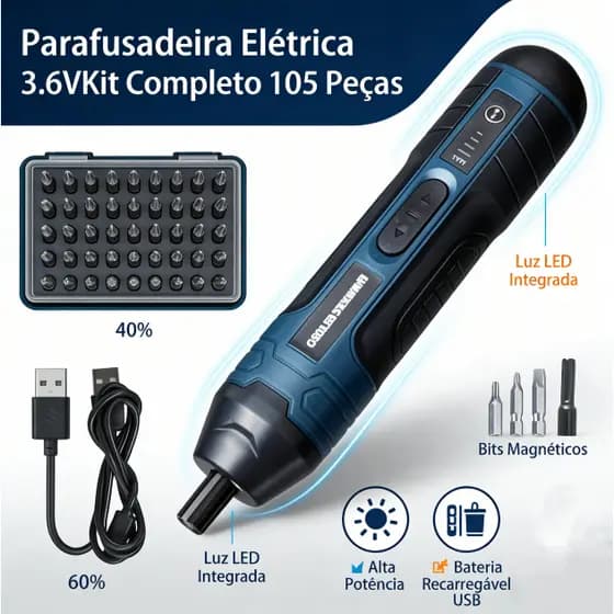 Parafusadeira Elétrica Recarregável com LED + Kit 105 Peças | Furadeira/Parafusadeira Portátil