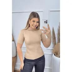 Blusa Feminina Tricot Básica Modal Gola Alta Manga Curta de Frio Tricô Outono Inverno Primavera