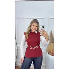 Colete Feminino Tricot Fang Inverno Frio Tricô Pullover Com Passador De Cinto Sobreposição Feminina