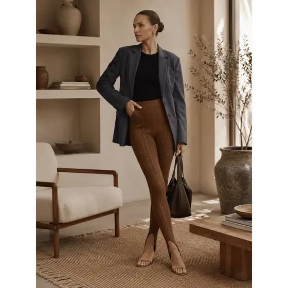 Calça Pezinho Fusô Feminina Estilo Lã Tricô Modal Canelada Cós Alto Moda Inverno Tipo Meia-Calça Segunda Pele Tri