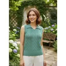 Blusa Feminina Regata Tricot Modal Verão com Tranças e Gola Polo Estilo Boho