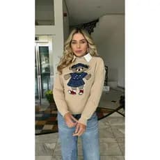 Blusa Feminina Tricô Ursinho Jacquard Manga Longa Inverno Elegante Casual Premium Tricot