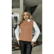 Colete Feminino em Tricô com Tranças Blusa Sobreposição Inverno Tendência Moda Costas Canelado