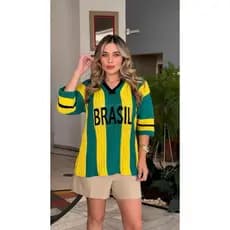 Blusa Brasil Feminina Verde e Amarelo Camisa Copa do Mundo Tricot Manga 3/4 Suéter Canelado