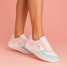 Tênis branco rosa casual conforto e estilo sola emborrachada antiderrapante