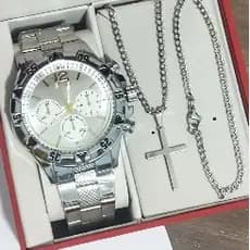 Kit Relógio Masculino Aço Inoxidável + Corrente e Pulseira Dourado/Prata