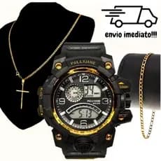 Kit Relógio Masculino Digital Esportivo + Corrente Cruz e Pulseira Presente Luxo