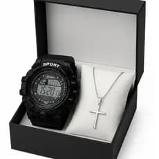 Relógio Masculino Esportivo Com Alarme e Led + Corrente De Crucifixo Prata Dourado