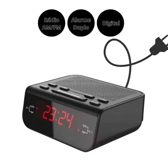 Rádio Relógio Despertador Digital De Mesa Am/Fm Preto Alarme Duplo Bivolt LE-671