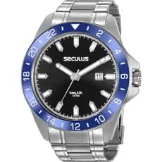 Relógio Masculino Prateado Fundo Preto Bisel Azul Long Life Seculus 20801g0svna3