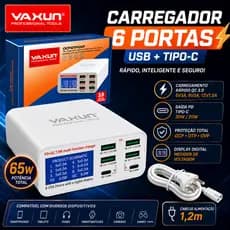 Carregador 6 Portas Yaxun YX-896 Usb Tipo-C Display Digital Medidor De Voltagem QC 3.0