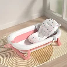 Banheira de bebê dobrável portátil com suporte + tapete de banho estrela antiderrapante seguro e prático