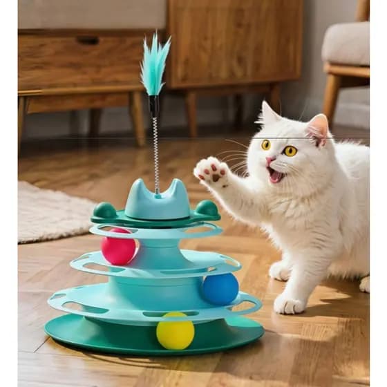 Brinquedos interativos para gatos, pista de jogos + três bolas pequenas e desafios divertidos quádruplos de penas