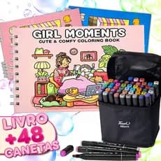 Kit Canetinhas Ponta Dupla Marca Texto +24/36/48/60/80Livro De Colorir s Capa Dura 50 páginas de Desenho Ursinho Fofo