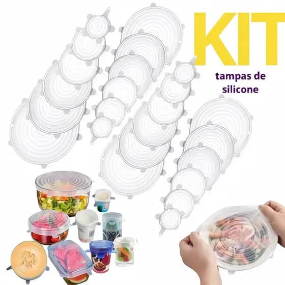 Kit Tampas de Silicone Reutilizáveis, Flexíveis, Elásticas e Resistentes.