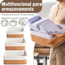 Kit 3 Cestas Organizadores De Bambu Multiuso Com Forro Cesta Organizador Roupas De Banheiro