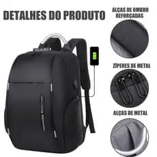Mochila Notebook Anti Furto Alça Impermeável Reforçada Cadeado Saida Cabo Aux Usb Fone Ouvido