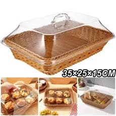 Cesta de pão de vime tecida à mão com tampa Cesta de armazenamento de drenagem de frutas 35 * 25 * 15 CM