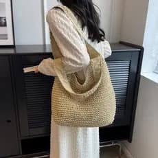 Bolsa grande de palha feminina com zíper e bolso Bolsa de ombro moderna