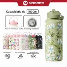 Moodofo Garrafa Térmica 1000ML , Copo Com Canudo , Estética , Botol Air Tahan Sejuk Aquaflask , Aço Inoxidável , Água