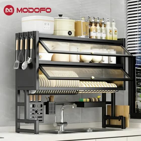 MODOFO 105-65cm Pia de drenagem de azulejo para cozinha Rack de pia suspenso Rack de armazenamento Placa cinza Porta de