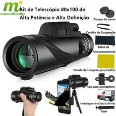 Telescópio HD portátil 80x100 com tripé - celular compatível, adequado para viagens