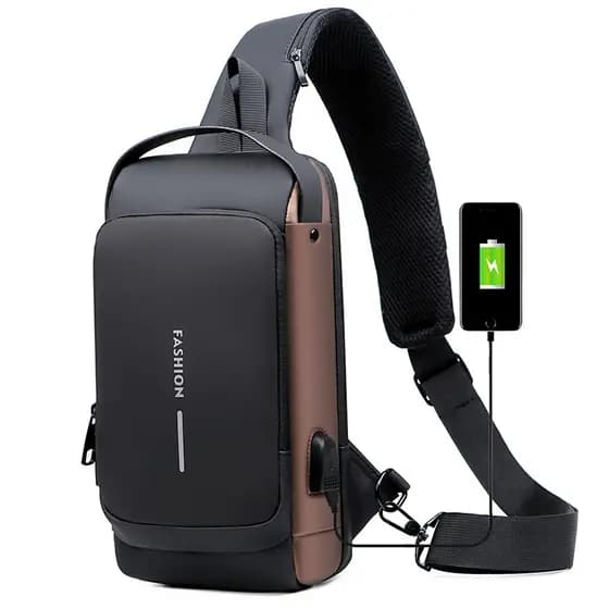 Bolsa De Peito Masculina Com Trava De Senha Revestimento De Couro Antirroubo , Porta De Carregamento USB À Prova D'água