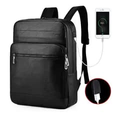 Mochila Masculina De Couro PU À Prova D'água De Grande Capacidade , Bolsa Para Laptop De Negócios Com Porta USB