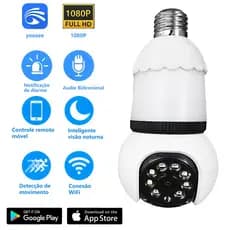 Lâmpada Câmera Segurança Wi-Fi E27 1080P - Iluminação LED + Monitoramento, Visão Noturna Colorida, Rotação 355°, Alarme
