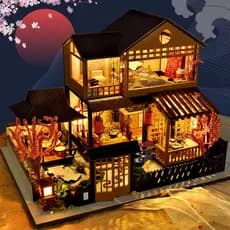 CUTEBEE Casa de Jardim Japonesa DIY, Casa de Bonecas em Miniatura, Mini Casa de Madeira, Casa de Bolso com Luz LED