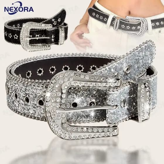 POOP Cintos Góticos De Rhinestone De Couro De PU Y2K Moda Para Meninas Jeans Estilo Boêmia Inclui uma pulseira