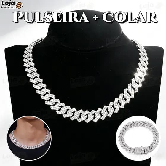 Conjunto de colar e pulseira cubano colar com corrente cravejada de diamantes colar masculino de diamantes hip hop-LU