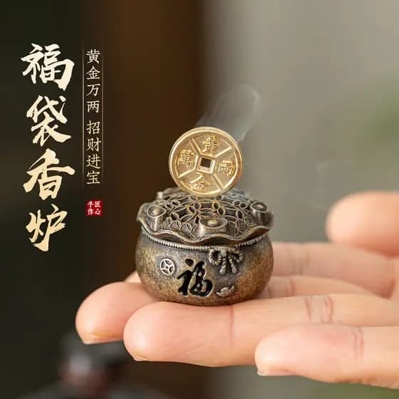 queimador de incenso em forma de saco de tesouro que atrai fortuna, ornamento de queimador de incenso em liga de