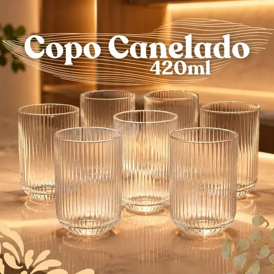 Jogo De Copos Versalhes Canelado 12 e 6 Peças Vidro 420ml Água Suco Refrigerante Drinks