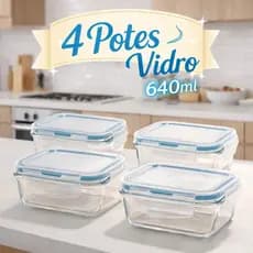 Kit 4 Potes Herméticos De Vidro 640ml Retangular Com Tampa Hermética 4 Travas Marmita Fitness Freezer Cozinha Mantimento