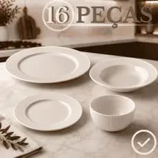 Aparelho de Jantar 16 Peças Branco com Bowls Pratos Rasos Fundos Borda Canelada e Sobremesa
