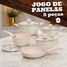 Jogo de Panelas Antiaderente Bege 5 Peças com Tampa de Vidro e Utensílios Cozinha