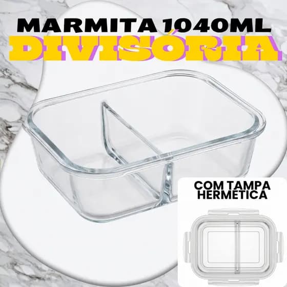 Kit 1 2 3 Potes Vidro 1040ml Divisória Marmita Hermética 4 Travas Forno Micro-ondas