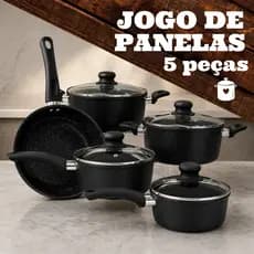 Jogo de Panelas Antiaderente 5 Peças com Tampa de Vidro e Utensílios Cozinha
