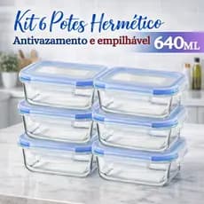Kit 6 Potes Herméticos Vidro 640ml Retangular Tampa 4 Travas Marmita Freezer Cozinha
