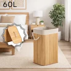 Cesto de Roupas Sujas Retangular de Bambu com Forro Grande para Banheiro ou Lavanderia