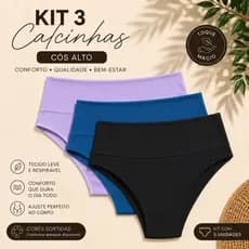 Kit 3 Calcinhas Femininas Cós Alto Confortável Cintura Alta Tecido Macio Respirável Cores Sortidas