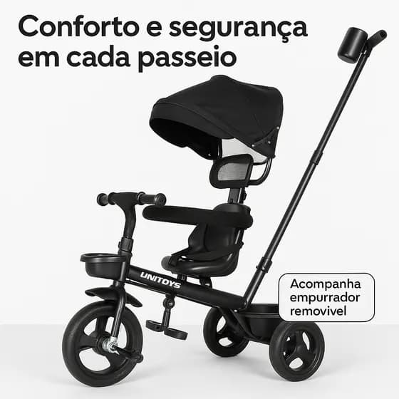 Triciclo Infantil Empurrador Seguro Confortavel Preto Estavel Transporte Desenvolvimento Motor