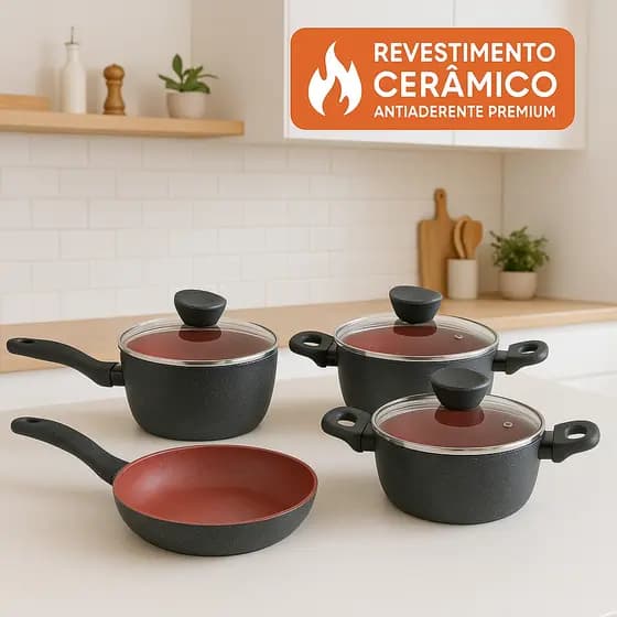 Conjunto Panelas Antiaderentes 4 Peças Tampas Vidro Preto Vermelho Cozinha Moderna Durável