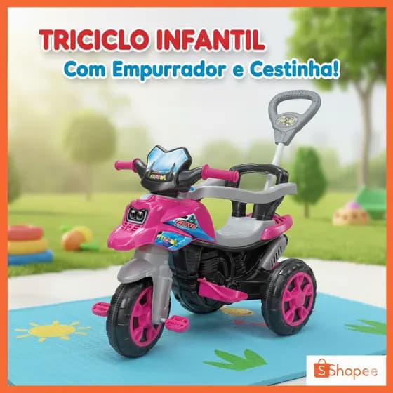 Triciclo Infantil Com Pedal Haste Ajustavel Rosa/Azul Seguro e Confortavel