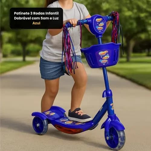 Patinete Infantil Dobrável Três Rodas Luzes Sons Design Seguro Azul