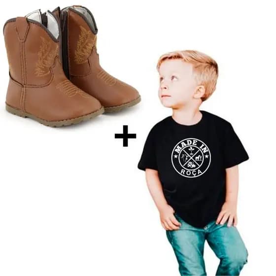 Kit Botinha Texana Infantil Festa Junina + Camiseta Made In Roça Tamanho 02 Lançamento